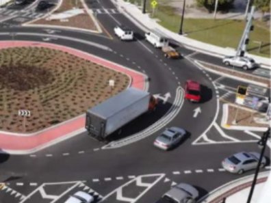 Aerial view of a multilane roundabout with pavement markings guiding cars and a truck through the lanes
